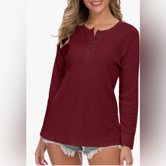 WNEEDU Waffle Knit Tunic Loose Long Sleeve Button V Neck Henley Wine Red Size M - Picture 1 of 9